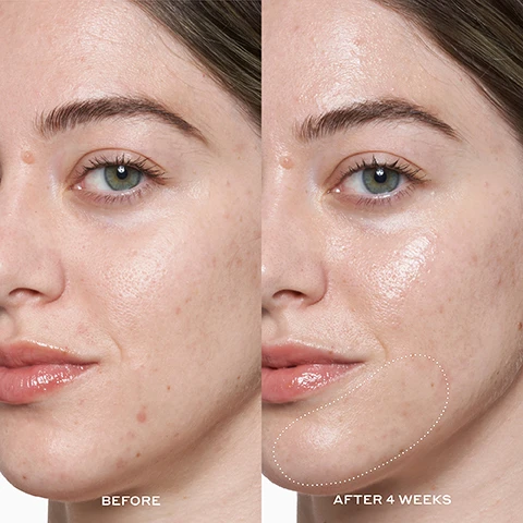 image 1, 2, 3 and 4, before and after 4 weeks. image 5, the glow cycle, brighten, strengthen, renew, repeat and unlock your best skin. morning routine. 1= brighten with vitamin c serum. 2 = strengthen with peptide moisturiser. 3 = brighten with vitamin c eye cream. night routine = 1 - renew with exfoliating toner. strengthen with peptide moisturiser.