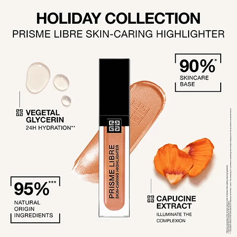 Image 1, holiday collection prisme libre skin caring highlighter. vegetal glycerin - 24 hour hydration. 90% skincare base. 95% natural origin ingredients. capucine extract - illuminate the complexion. image 2, before and after. image 3, where to use = brow, eye, cheek, nose and cupid's bow