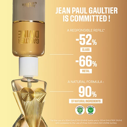 Image 1, jean paul gaultier is committed. a responsible refill, minus 52% glass. minus 66% metal.a natural formula, 90% of natural ingredients. Image 2, your bottle is refillable, what's more divine? 1 = unscrew the pump, 2 = screw the refill it will stop automatically, 3 = unscrew the spout out the refill, 4 = screw the pump back.