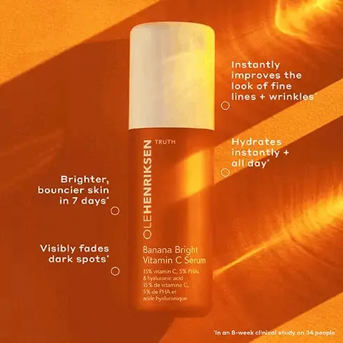 Image 1, brighter bouncier skin in 7 days. visibly fades dark spots. instantly improves the look of fine lines and wrinkles. hydrates instantly and all day. in an 8 week clinical study on 34 people. image 2, silky and weightless. luminous finish. naturally derived citrus scent. fast absorbing. image 3, key ingredients. brightens and defends against pollution and free radicals with 15% vitamin c. evens skin tones and texture with 5% pha's. plumps skin's surface with hyaluronic acid. image 3, get to know your vitamin c. truth serum = what's it for - all day hydration. what it does - hydrates, brightens and firms. what's in it - true c complex stabilised vitamin c derivatives, collagen and aloe juice. banana bright vitamin c serum = what's it for - dark spots and preventative aging. what it does - brightens, visibly reduces dark spots and defends against pollution. what's in it - 15% vitamin c, 5% pha's, hyaluronic acid and banana powder inspired pigments. The glow cycle, brighten, strengthen, renew, repeat, unlock your best skin. Morning routine. 01/brighten Vitamin C Serum 02/Strengthen Peptide Moisturizer 03/Brighten Vitamin C Eye Cream. Night Routine 01/ Renew Exfoliating Toner 02/Strengthen Peptide Moisturizer.