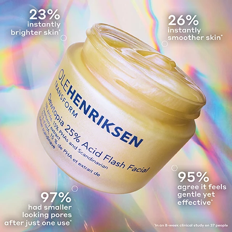 Image 1, 23% instantly brighter skin. 26% instantly smoother skin. 97% had smaller looking pores after just one use. 95% agree it feels gentle yet effecive. in an 8 week clinical study on 37 people. image 2, key ingredients = retexturises and brightens skin with 25% acids 10% AHAs and 15% PHAs. conditions and calms skin with 20% aloe juice. hydrates and nourishes skin with scandinavian rowanberry water. image 3, the glow cycle. brighten, strengthen, renew, repeat. unlock your best skin. morning routine = 1 - brighten with vitamin c serum. 2 - strengthen with peptide moisturiser. 3 - brighten with vitamin c eye cream. night routine = 1 - renew with retexturising mask 2-3 times a week. 2 - strengthen with peptide moisturiser. image 4, how to use = 1 - apply mask to clean dry face 2-3 times a week at night. 2 - leave on for 5 minutes. 3 - rinse off with warm washcloth. 4 - follow with strength moisturiser. pro tips = flash facial makes a great prep step for smooth makeup application. always follow with spf - acids can make your skin more sensitive to the sun. skip leave on exfoliants when using this mask.