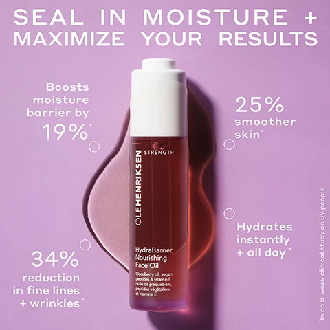 Image 1, seal in moisture maximise your results. boosts moisture barrier by 19%. 25% smoother skin. hydrates instantly and all day. 34% reduction in fine lines and wrinkles. in an 8 week clinical study of 39 people. image 2, ingredient spotlight, hydrabarrier nourishing face oil. three oil soluble peptides = support skin's strength and boosts elasticity. ceramides = antioxidant rich cloudberry, lingonberry and elderberry oils nourish and condition the skin. pure scandinavian berry oils = help skin stay hydrates longer and restore bounce. image 3, healthy looking skin starts with a strong moisture barrier. when your barrier is damaged skin is - dry, irritated, itchy, red and flaky. when your barrier is strong skin is - smooth, hydrated, glowing, bouncy and firm. image 4, the ultimate skin strengthening duo. strength trainer peptide boost moisturiser instantly double hydration and firm. strengthen the moisture barrier all day. hydrabarrier nourishing face oil, lock in moisture and maximise your results. boost the moisture barrier after just 1 use. in an 8 week clinical study on 35 people. in an 8 week clinical study on 39 people. image 5, luxuriously rich yet never greasy. naturally derived light scent. non comedogenic.