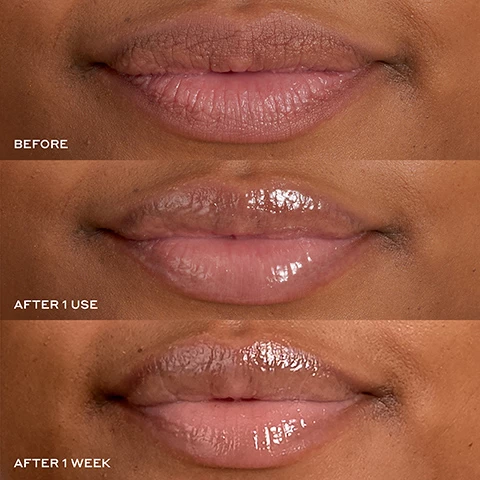Image 1 and 2, before, after 1 use and after 1 week. Image 3, clinically fuller looking lips in 1 week. instantly reduces the look of lip lines. smooths, brightens and revives dull lips. instantly hydrates and improves elasticity. in an 8 week clinical study on 39 people. image 4, lip specific peptides help make lips look more define and fuller. kokum and mango seed butter, soothe nourish and condition lips. scandinacian cloudberry oil packed with antioxidants and intense moisture helps soften lips. acai sterols help strengthen the skin barrier and boost hydration.