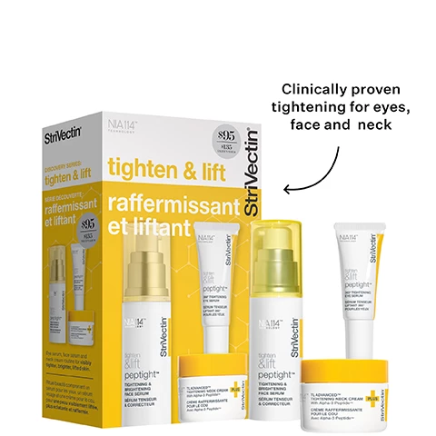 Image 1, clinically proven tightening for eyes, face and neck. image 2, 1 = delivers dramatic results to the entire eye area. 2 = improves the look of sagging skin and evens skin tone. 3 = visibly tightens the neck and smooths the decollete. image 3, 100% showed improvement in the look of firmness and elasticity. 96% showed improvement in the look of lines and wrinkles around eyes. 93% showed improvement in the look of undereye bags and puffiness. based on results from an expert clinical grader evaluation at week 8 of 32 participants. image 24, 100% showed improvement in skin brightness. 96% showed improvement in elasticity. 93% showed improvement in sagging skin and uneven tone. based on expert grading evaluation at 8 weeks. image 5, 90% showed tighter, more lifted skin on the neck and decollete. 90% showed improvement in horizontal lines on the neck. 90% showed improvement in uneven skin tone on the decollete. instrumentation testing at 8 weeks expert grading at 8 weeks. instrumentation testing at 4 weeks. image 6, peptight 360 tightening eye serum, peptight tightening and brightening face serum and TL advanced tightening neck cream plus swatches.