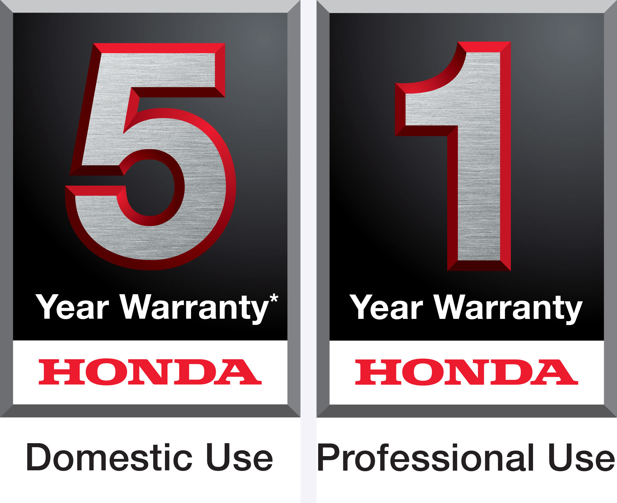5year warranty. Honda. Domestic Use. 1 year warrant. Honda. Professional Use