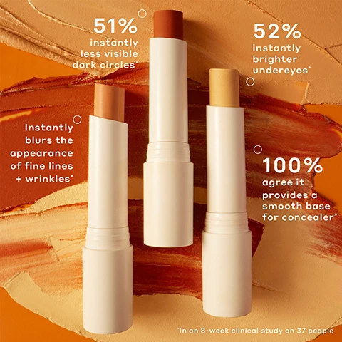 Image 1, instantly blurs the appearance of fine lines and wrinkles. 51% instantly less visible dark circles. 51% instantly brighter under eyes. 100% agree it provides a smooth base for concealer. in an 8 week clinical study on 37 people. image 2, creamy, blends easily, ultra pigmented, super hydrating. image 3, ingredients spotlight banana bright plus vitamin cc stick. two forms of enhanced vitamin c helps brighten and fade the look of dark circles and defend skin against environmental aggressors like pollution. banana powder-inspired pigments - light reflecting mineral pigments that instantly illuminate your complexion. caffeine energizes and invigorates skin. image 4, find your color corrector shade. step 1 = identify the undertone of your dark circles. step 2 = choose your shade to instantly colour correct. purple dark circles = banana. blue/purple dark circles = apricot. blue dark circles = pumpkin.