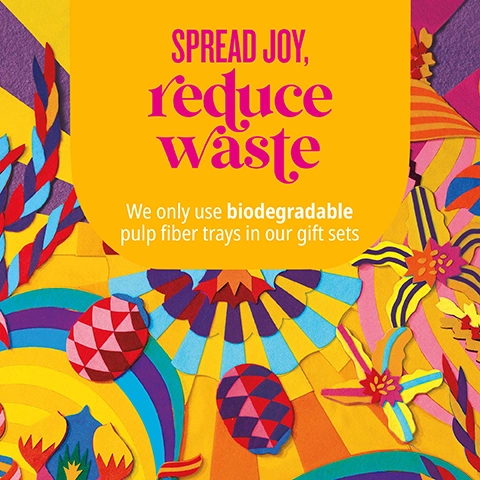 Spread joy, reduce waste. We only use biodegradable pulp fiber trays in our gift sets.