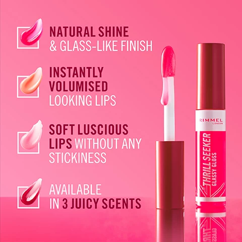 Image 1, natural shine and glass like finish. instantly volumised looking lips, soft liscious lips without any stickiness, available in 3 juicy scents. Image 2, lip loving care, for instant hydration nourishment and healthy looking lips, antioxidant berry complex. hyaluronic acid. Image 3, choose your favourite scent, swatches shown on 3 different skin tones. 100 = coco suga. 150 = pink cand. 250 = peachy vibes. 350 = pink to the berry 500 = pine to the apply. 600 = berry glance.