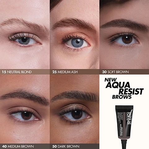 Image 1, swatches of neutral blond, medium ash, soft brown, medium brown and dark brown on 5 models. new aqua resist brows. image 2, which brow product are you? aqua resist brow definer - to define. aqua resist brow filler - to fill. aqua resist brow fixer - to tame and set. aqua resist brow sculptor - to sculpt.