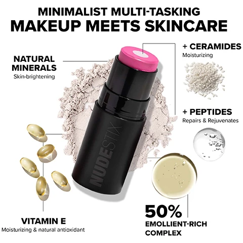 Image 1 - An image of a black and pink stick of makeup against a light gray background, with text that reads MINIMALIST MULTI-TASKING MAKEUP MEETS SKINCARE at the top and ingredients listed such as NATURAL MINERALS, + CERAMIDES, + PEPTIDES, VITAMIN E, and 50% EMOLLIENT-RICH COMPLEX.
              Image 2 - Five blush products are displayed, with descriptions of their shades and features, including Nudies Matte Blush in Sunkissed Pink, Nudies Bloom in Cherry Blossom Babe, Nudies Matte Lux in Juicy Melons, Nudies Matte + Glow Core in Pink Ice, and Nudiescreen Blush Tint SPF 30 in Pink Sunrise.
              Image 3 - Three hands are shown displaying swatches of lip colors on their wrists, with colors labeled as Magenta Magic, Pink Ice, and Sunset Gold.
              Image 4 - Three matte and glow blush sticks are displayed, with the shades Magenta Magic, Pink Ice, and Sunset Gold shown alongside swatches of each color, and text reads NUDESTIX MATTE + GLOW CORE All Over Face Blush Color. Image 5- nudies matte and glow core. all over face blush.