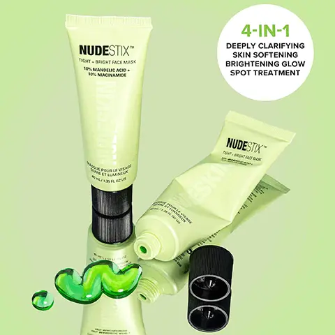 4-in-1 deeply clarifying skin softening brightening glow spot treatment. 10% mandelic acid, Betaine salicylate, Aloe, Green Tea, 10% Niacinamide, Cucumber. Why it works. Tight and bright face mask. 10% AHA- Mandelic Acid exfoliates and clarifies. 10% Vitamin B3- Niacinamide locks moisture. 2% BHA- Betaine Salicylate improves texture and tone. 4-in-1 mask: Deeply clarifying and skin softening and brightening glow and exfoliating treatment. Recycling nudeskin. Recycling steps. 1. cut tube open. 2. clean out excess. 3. recycle cap and tube. Recycle based on your local recycling program. Recyclable ingredients- Adhesive for our tubes are biodegradable EAA. Inner/outer layer of the tube is recyclable LLDPE. Middle layer is recyclable AL. Cap construction is recyclable PP. This 100% biodegradable box is made with pet and soy ink. Dispose this box in garbage to 100% biodegrade in landfill. Shop the collection. Steps to skin renewal optimization. Step 1 clean. Step 2 exfoliate. Step 3 mask and tone. Step 4 moisturize.