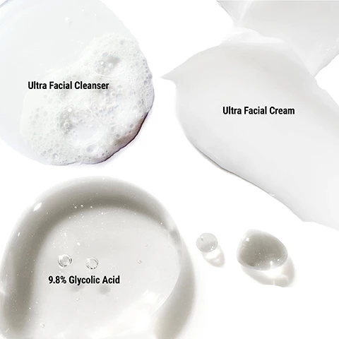 Image 1, ultra facial cleanser, ultra pure high potency serum 9.8% glycolic acid, ultra facial cream swatches. Image 2, ultra facial cleanser, ultra pure high potency serum 9.8% glycolic acid (full size product), ultra facial cream. Image 3, cleanse with ultra facial cleanser, treat with ultra pure high potency serum 9.8% glycolic acid, hydrate with ultra facial cream. Image 4, visibly smoothes and refines skin.
