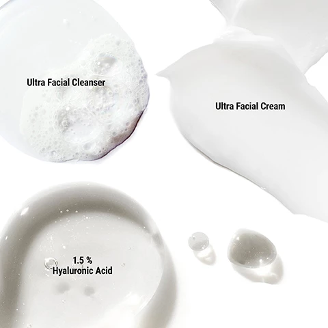Image 1, ultra facial cleanser, ultra facial cream and 1.5% hyaluronic acid swatches. Image 2, ultra facial cleanser, ultra facial cream and 1.5% hyaluronic acid (full size product) Image 3, cleanse with ultra facial cleanser, treat with 1.5% hyaluronic acid, hydrate with ultra facial cream. Image 4, intensive hydration for dry skin.