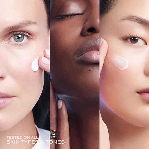 Image 1 - Three women of diverse skin tones are applying a skincare product to their faces, with the text underneath reading TESTED ON ALL SKIN TYPES & TONES.
              Image 2 - Three skincare products are displayed: a purple bottle labeled Lancôme Rénergie H.C.F. Triple Serum, a jar labeled Rénergie Yeux with Hyaluronic Acid, and a jar labeled Lancôme Rénergie H.P.N. 300-Peptide Cream, accompanied by the numbered headings 1. Correct, 2. Target Eye Contours, and 3. Regenerate.