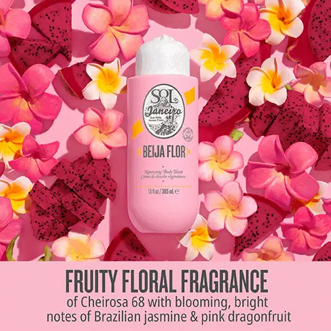 Image 1, fruity floral frgrance of cheirosa 68 with blooming, bright notes of brazilin jasmine and pink dragonfruit. Image 2, replenishes for healthier looking skin. Image 3, flower acids gently exfoliates, vegan squalene deeply hydrates and cacay oil natrual retinol alternative. Image 4, your routine for smooth bouncy skin 1,2,3. Image 5, benefit packed body wash, clarifies and exfoliates, hydrates and softens and renews and moisturises