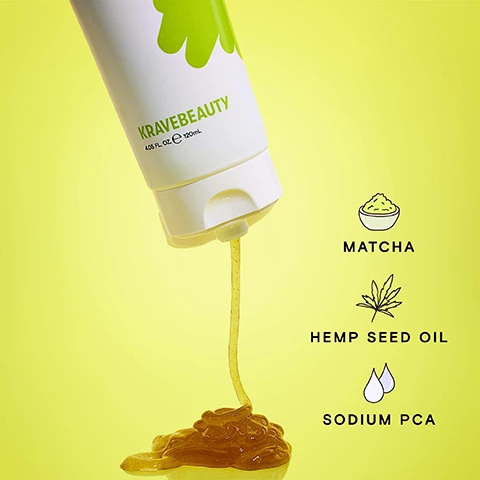 Image 1, matcha, hemp seed oil, sodium PCA. image 2, bouncy. gel formula. image 3, how to use. step 1 = cleanser daily. step 2 = exfoliator 2-3 times a week. step 3 = serum daily serum or weekly treatment. step 4 = moisturiser daily. image 4, recyclability. coex tube 7 = low recyclability. PP 5 cap = medium recyclability. recycled content = 85% PCR tube, 100% PCR cap.