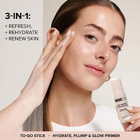 Image 1, 3 in 1, refresh, rehydrate and renew skin. to-go stick, hydrate, plump and glow primer. image 2, ceramides, bakuchoil, vitamin c, 15% squalane, vitamin e. image 3, vitamin c - brightens and reduces the signs of uneven skin tone. ceramides - seal in moisture helps support the protective skin lipid barrier. bakuchiol - plant based alternative to retinol for daily use. vitamin e - natural antioxidant. 14% squalane - helps to instantly restore skin's suppleness and flexiability. image 3, before dewy barrier hydrating skin and results after one use. real people, real results. unedited images, no retouching. image 4, to-go stick an on call drink of water for your skin. image 5, select your to go skin stick. dewy barrier hydrating stick. 3 in 1 - refreshes, rehydrates and renews skin. formulated with ceramides, bakuchiol, vitamin c and e. blot and blur matte stick, 3 in 1- blots oil, blurs texture and sets makeup, formulated with jeju island volcanic ash mugwart extract and heartleaf extract.