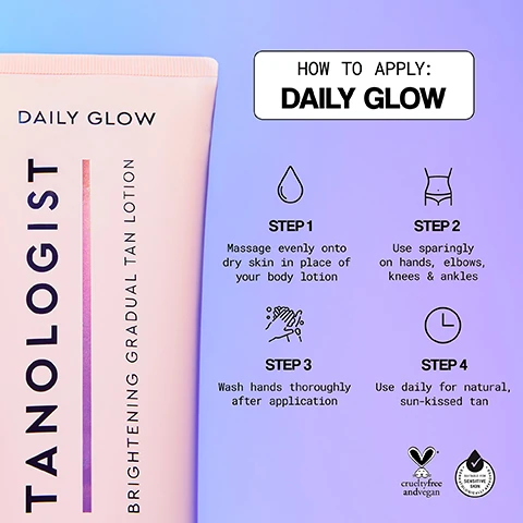 how to apply daily glow. step 1 = massage evenly onto dry skin in place of your body lotion. step 2 = use sparingly on hands, elbows, knees and ankles. step 3 = wash hands thoroughly after application. step 4 = use daily for natural sunkissed tan.