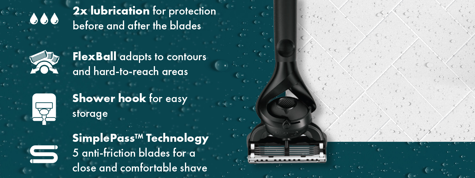 2x lubrication for protection before and after the blades FlexBall adapts to contours and hard-to-reach areas Shower hook for easy storage Simple Pass TechnologyS 5 anti-friction blades for a close and comfortable shave