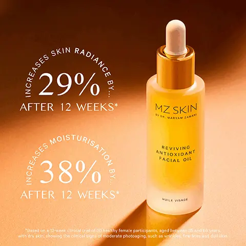 Increases skin radiance by 29% after 12 weeks. Increases moisturisation by 38% after 12 week- based on a 12-week clinical trial of 30 healthy female participants, aged between 35 and 65 years, with dry skin, showing the clinical signs of moderate photoaging, such as wrinkles, fine lines and dull skin. Before and after decreases wrinkle depth by 12% after 12 weeks- individual results may vary.