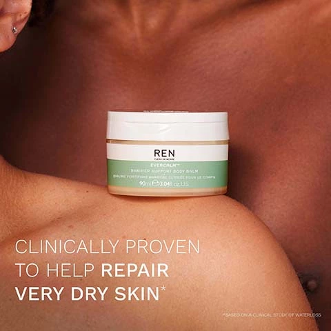 Image 1, clinically proven to help repair very dry skin. based on a clinical study of waterloss. image 2, bioactives. barrier support complex helps repair the skin barrier. camellia japonica seed oil protects against free radicals. safflower ceramide complex relives dry skin. image 3, relives signs of sensitivity. intensively nourishes. kind to biome. hypoallergenic fragrance. suitable for = the whole family, sensitive and dry skin, eczema prone skin. image 4 and 5, without and after 14 days with body balm. image 6, targets 8 key sensitivity zones. 1 = dry patches. 2 = chafing. 3 = tattoo after care. 4 = post shave/laser irritation. 5 = baby bump and pregnancy care. 6 = nipples. 7 = dry and irritated armpits. 8 = after sun care. image 7, recyclable plastic lid and foil. recyclable plastic jar.