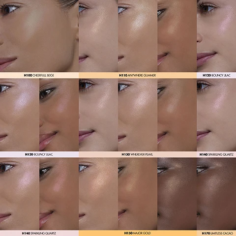 Image 1, swatches of H100 cheerful beige, H110 anywhere gummer, H120 bouncy lilac, H130 wherever pearl, H140 sparkling quartz, H150 major gold and H170 limitless cargo on 4 different skin tones. image 2, what brush do you need? sculpt 158, color 152, highlight 144.