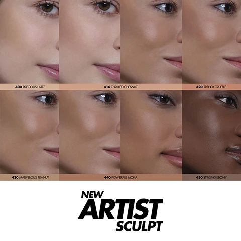Image 1, swatches of 400 precious latte, 410 thrilled chestnut, 420 trendy truffle, 430 marvelous peanut, 440 powerful moka, 450 strong ebony. image 2, what brush do you need? sculpt 158, color 152, highlight 144.