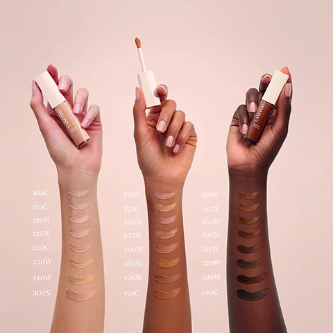Image 1, swatches of concealer on three different skin tones. 105C, 115C, 120N, 125W, 220C, 230W, 240W, 305N, 310N, 325N, 330N, 335W, 400W, 405W, 420W, 425C, 430C, 445N, 450N, 505N, 515W, 520W, 530W, 540C. Image 2, teint idole ultra wear concealer - lightweight wear with up to 24 hours of hydration. full buildable coverage. natural matte finish. conceal, correct and contour. glycerin, waterlily and morgina. care and glow serum concealer - 82% boosting skincare serum. medium buildable coverage. natural radiant finish. brighten and smooth. ceramides and hyaluronic acid. image 3, ceramides, hyaluronic acid, peptides and yuzu extract. image 4, healthy glow finish daily routine. step 1 = advanced genifique serum help to strengthen skin barrier. step 2 = care and glow serum foundation, 82% glow boosting skincare serum. step 3 = care and glow serum concealer, natural radiant finish. image 5, brighten, smooth and lift the look of eyes and face. natural radiant finish. medium buildable coverage. 92% glow boosting skincare serum
