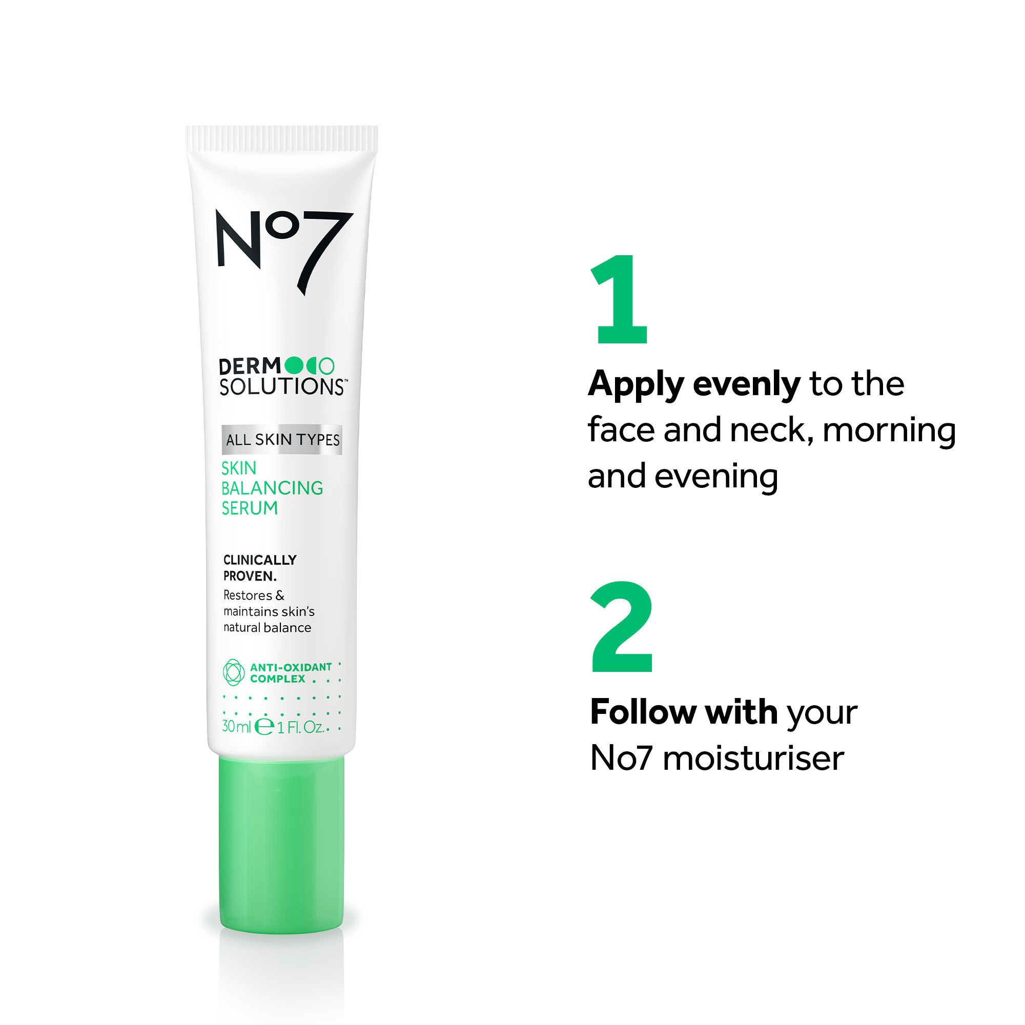 A tube of No7 Derm Solutions Skin Balancing Serum is displayed with application instructions reading No7 DERM SOLUTIONS ALL SKIN TYPES SKIN BALANCING SERUM CLINICALLY PROVEN. Restores & maintains skins natural balance ANTI-OXIDANT COMPLEX 30 ml e 1 Fl. Oz. 1 Apply evenly to the face and neck, morning and evening 2 Follow with your No7 moisturiser.