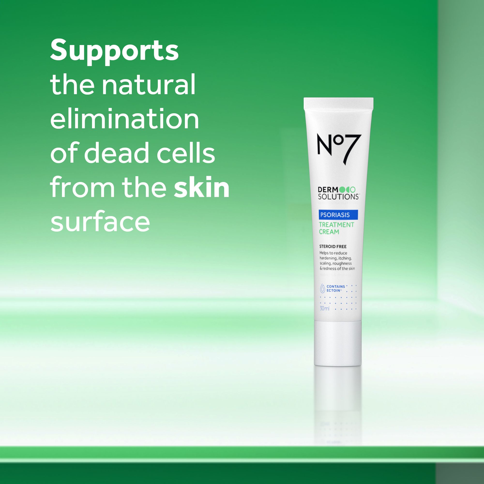 A white tube of N°7 Psoriasis Treatment Cream sits on a green background with text that reads Supports the natural elimination of dead cells from the skin surface N°7 DERMO SOLUTIONS PSORIASIS TREATMENT CREAM STEROID FREE Helps to reduce hardening, itching, scaling, roughness & redness of the skin CONTAINS ECTOIN 30ml.