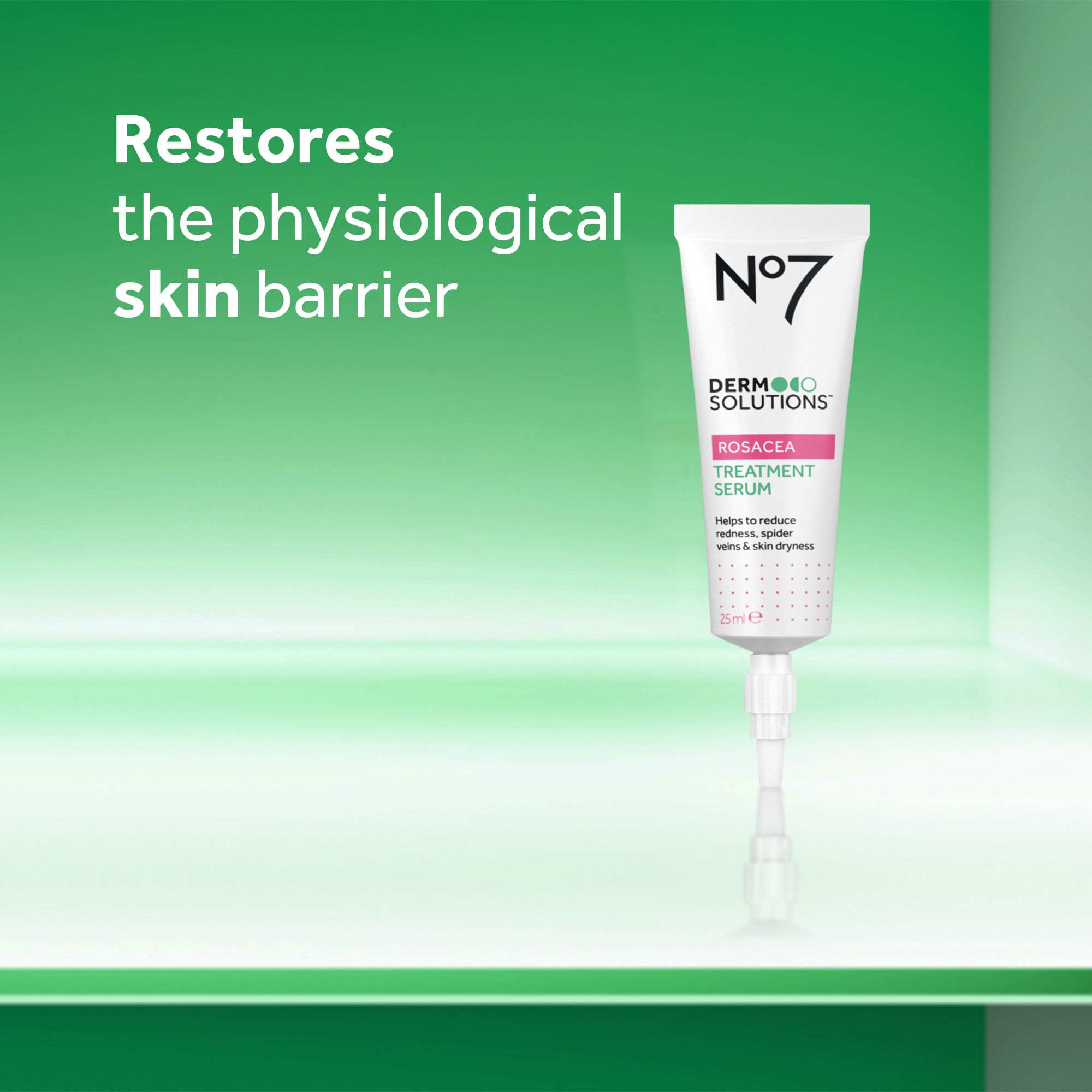 A white tube of serum is shown on a green background with text reading Restores the physiological skin barrier N°7 DERMO SOLUTIONS ROSACEA TREATMENT SERUM Helps to reduce redness, spider veins & skin dryness 25ml e.