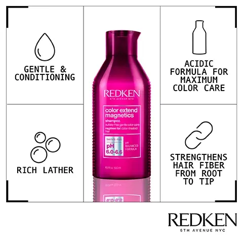 Image 1, gentle and conditioning, acidic formula for maximum color care, rich lather, strengthens hair fiber from root to tip. image 2, color protecting conditioner, acidic formula for maximum color care, detangles, adds smoothness and shine. image 3, p balanced formula. cares for the tone and vibrancy of professional color. image 4, color ectend magnetics routine. step 1 = shampoo, step 2 = condition, step 3 = treat. image 5, love color extend magnetics? try new acidic color gloss level up your colour care and activate glass like shine.
