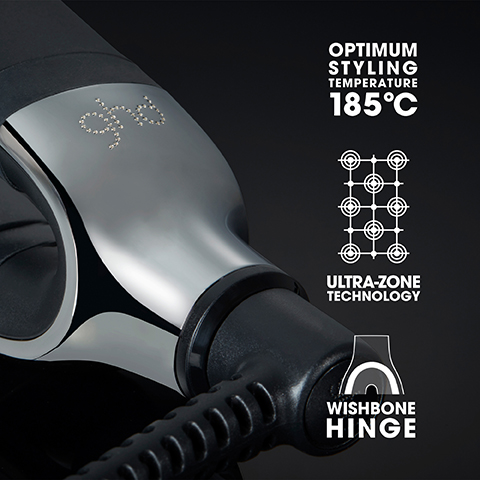 optimum styling temperature 185 degrees. ultra zone technology and wishbone hinge