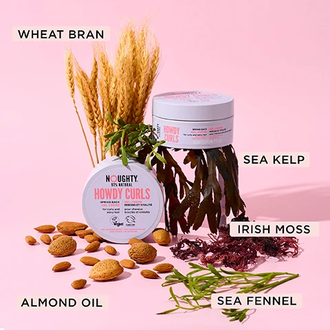 image 1, wheat bran, sea kelp, irish moss, almond oil and sea fennel. image 2, improves shine and elasticity, medium hold, curl retention and definition, humidity resistant, nourishing, bouncy and voluminous. image 3, before and after