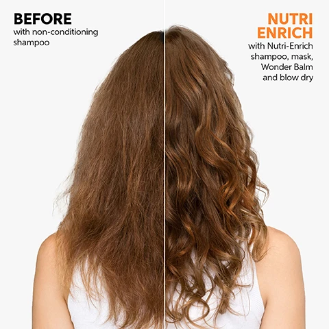 image 1, before with non conditioning shampoo and after with nutri enrich shampoo, mask, wonder balm and blow dry. image 2, instant deep nourishment. image 3, new 300ml bottle same great performance. image 4, deep nourishment, smoothness and softness. image 5, before with non conditioning shampoo and after with nutri enrich shampoo, mask, wonder balm and blow dry.