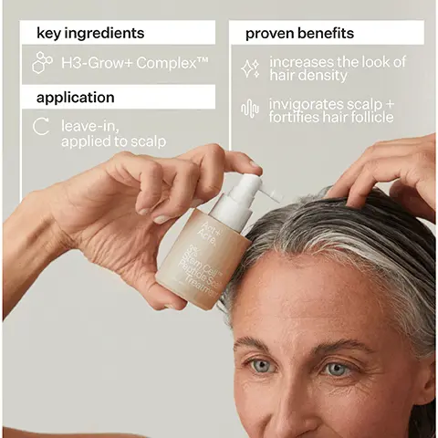 Image 1, key ingredients H3-Grow+ ComplexTM application C leave-in, applied to scalp proven benefits increases the look of hair density invigorates scalp + fortifies hair follicle Act+ Acre. 3% Stem Cell Peptide Scal Treatment Image 2, Before After 16 weeks of use *used daily with Stem Cell Shampoo + Conditioner Image 3, Act+ Acre. 3% Stem CellTM Peptide Scalp Treatment 301-89-0 H3-Grow+ ComplexTM creates an environment for optimized hair follicle health Growth Peptide boosts scalp elasticity to support hair follicle health Image 4, Before After 16 weeks of use *used daily with Stem Cell Shampoo + Conditioner Image 5, What To Expect 1-2 weeks supports hair Act+ follicle health Acre. 6-8 weeks increased look of hair density 10-12 weeks thicker + fuller looking hair 3% Stem CellTM Peptide Scalp Treatment 30-80 me *when used daily Image 6, Before After 16 weeks of use *used daily with Stem Cell Shampoo + Conditioner Image 7, 94% agree treatment stimulated scalp 82% agree treatment improved hair growth 81% agree treatment made hair look + feel healthier Proven Results results from a consumer perception study using stem cell system daily Image 8, Before After 16 weeks of use *used daily with Stem Cell Shampoo + Conditioner Image 9, Recommended For supporting scalp health in the advanced stages of hair loss supporting scalp health in early stages of hair thinning Act+ Acre. Act+ Acre. 3% Cold Stem Cell Processed Peptide Scalp Stem Cell Treatment Scalp Serum Image 10, Cold ProcessedR 90% less energy used vs. the process traditional heat Acre. Act+ 97% more potent ingredients are not weakened by heat- related breakdown 3% Stem CellTM Peptide Scalp Treatment