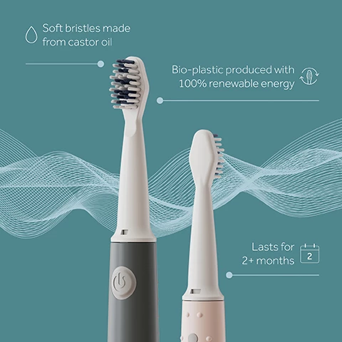 Image 1, soft bristles made from castor oil. bio-plastic produced with 100% renewable energy. lasts for 2+ months. image 2, removes plaque and tartar