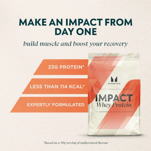 make an impact from day one. build muscle and boost your recovery. 23g protein. less than 114kcal. expertly formulated. based on a 30g serving of unflavoured flavour.