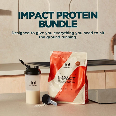Image 1 - A Myprotein protein bundle is shown on a kitchen countertop, featuring a clear shaker bottle with a light-colored shake, a black scoop with powder, and a large white and orange pouch of protein powder, with visible text reading IMPACT PROTEIN BUNDLE, Designed to give you everything you need to hit the ground running, MYPROTEIN, IMPACT Whey Protein, NATURALLY FLAVOURED DIETARY SUPPLEMENT, 20g 102kcal 1g 1kg. Image 2 - A Myprotein Impact Whey Protein bag and a Myprotein shaker bottle are displayed above a dark teal box, with the text WHY CHOOSE THIS BUNDLE? above the products. The teal box lists IMPACT WHEY PROTEIN and SHAKER with bullet points on the left, and on the right, it says Designed to give you everything you need to hit the ground running. A circular logo in the bottom right corner reads INFORMED CHOICE, WE TEST. YOU TRUST. Image 3 - An infographic shows a chocolate-colored protein shake being poured into a glass on the right, with a list of benefits on the left reading: BENEFITS OF IMPACT WHEY PROTEIN, Mighty 23g protein, Less than 114kcals, Optimum 5g BCAAs, Supports muscle recovery, Per 30g serving based on Unflavoured. Image 4 - A dark background with speckles displays a Myprotein product pouch on the right and a green Informed Choice logo at the top right, alongside the text Tested For Banned Substances, Every month, blind samples are pulled from our site and third-party tested for banned substances, Because trust should be earned continuously, Informed Choice, and We Test You Trust. Image 5 - A person holds a protein shaker bottle with a light-colored drink, and a Myprotein Impact Whey protein bag is partially visible in the foreground, with overlaying text that reads: 20 YEARS OF RELENTLESS REFINEMENT, Expertly crafted by nutritionists, Quality assured by independent testers, Formulas refined by real research, Produced at Myproteins outstanding facilities. Image 6 - A Myprotein shaker bottle filled with a protein shake sits on a dark surface in front of blurred gym equipment, with text that reads UKS NO. 1 PROTEIN POWDER BRAND, Consistency, quality, and over 20 years of getting it right., Backed by Euromonitor, the global authority on market data., and Source: Euromonitor International Limited; Consumer Health 2023ed, Myproteins retail value sales, World 2023 data.