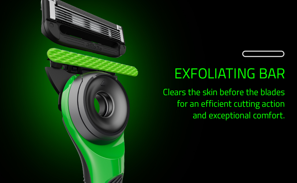 Gillatla EXFOLIATING BAR Clears the skin before the blades for an efficient cutting action
                          and exceptional comfort.