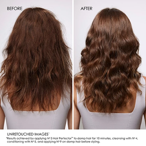Image 1, 2, 3 and 4, before and after. unretouched images. results achieved by applying number 3 hair perfector to damp hair for 10 minutes, cleansing with number 4, conditioning with number 5 and applying number 6 on damp hair before styling.