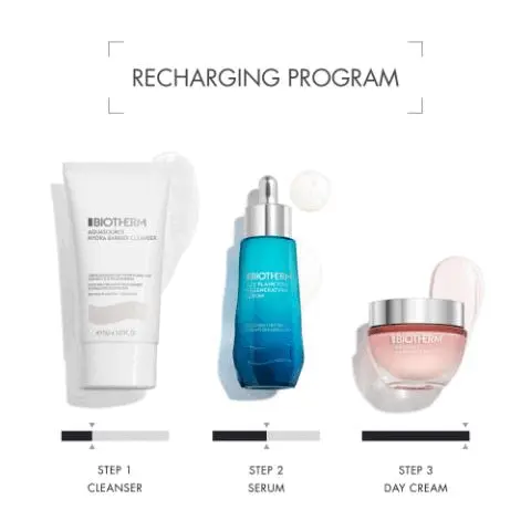 Image GIF3 - A three-step Biotherm skincare routine featuring a white tube of Biotherm Aquasource Hydra Barrier Cleanser, a blue bottle of Biotherm Life Plankton Elixir Fundamental Regenerating Serum, and a pink jar of Biotherm Day Cream, with visible text RECHARGING PROGRAM, STEP 1 CLEANSER, STEP 2 SERUM, and STEP 3 DAY CREAM. Image GIF4 - A pink Biotherm Aquasource Cica Nutri Cream jar with a silver lid floats against a blue sky, with text that reads OUR COMMITMENTS, 86% NATURAL FORMULA, ECO-DESIGNED JAR MADE OF 40% RECYCLED GLASS, CAPPED WITH 100% PCR RECYCLED PLASTIC. Image GIF5 - A light pink background with flowing, wavy lines features the text 82% OF WOMEN FEEL TIGHTNESS DIMINISHED INSTANTLY, with a smaller disclaimer at the bottom stating *SELF-ASSESSMENT ON 55 WOMEN AFTER 1 APPLICATION.