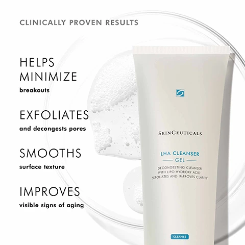 Image 1, clinically proven results. helps minimize breakouts. exfoliates and decongests pores. smooths surface texture. improves visible signs of aging. image 2, clinically proven results. 27% reduction in blemishes. 38% improvement in skin texture. 25% improvement in skin clarity. protocol - a 12 week single center clinical study on 56 women and men aged 18-50 with oily, blemish prone skin. protocol - an 8 week single centre study on 55 women aged 25-50 with mild to moderate signs of photodamage. image 3, 63% improvement in appearance of wrinkles. 50% improvement in inflammatory acne. 39% improvement in skin texture. protocol - 8 week clinical study conducted on 52 subjects aged 40-55. percentages reported are average results. image 4, step 1 = gently massage LHA cleanser onto a wet face and neck using light circular motions morning and evening. step 2 = apply 3-5 drops of silymarin CF to face, neck and chest in the morning. step 3 = apply 4-5 drops of blemish and age defense to face and neck morning and night.