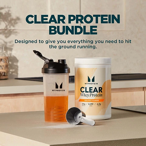 Image 1 - A Myprotein shaker with orange liquid, a tub of Myprotein Clear Whey Protein Orange Mango, and a scoop are on a kitchen counter, with text that reads CLEAR PROTEIN BUNDLE Designed to give you everything you need to hit the ground running. The tub also includes text stating MYPROTEIN CLEAR Whey Protein ORANGE MANGO 20g / LOW / 4.5g. Image 2 - An image displaying a Myprotein Clear Whey Protein Lemon Iced Tea tub and a clear Myprotein shaker bottle, with the text WHY CHOOSE THIS BUNDLE? along with bullet points for CLEAR WHEY PROTEIN and SHAKER, and descriptive text that reads Maintain muscle strength and promote recovery with refreshing, juicy flavours, topped off with an Informed Choice logo saying WE TEST. YOU TRUST, and the word CHOICE. Image 3 - A hand pours yellow liquid from a clear shaker bottle while a list of benefits reads Benefits of Clear Whey Protein: Mighty 20g protein, Less than 90kcals, Optimum 4.5g BCAAs, Supports muscle recovery, Per 26g serving based on Cranberry Raspberry. Image 4 - A persons hand places a yellow protein drink labeled MYPROTEIN CLEAR Whey Protein Lemon Iced Tea 20g LOW SUGAR into a dark gym bag, with a circular Informed Choice logo showing a checkmark and the text INFORMED WE TEST • YOU TRUST, alongside the text CHOICE Every month, blind samples are pulled from our site and third-party tested for banned substances. Image 5 - The image shows a mosaic of four vibrant icy fruit drinks in pink, orange, yellow, and purple, with the text Delicious Fruity Flavours overlaid. Image 6 - A Myprotein Clear Whey Protein Peach Tea container sits on a shelf inside a locker, with text describing product qualities reading 20 YEARS OF RELENTLESS REFINEMENT, Expertly crafted by nutritionists, Quality assured by independent testers, Formulas refined by real research, Produced at Myproteins outstanding facilities, and the container itself shows MYPROTEIN CLEAR Whey Protein PEACH TEA FLAVOUR, 20g / LOW / 4.5g. Image 7 - A person wearing a light t-shirt holds a shaker bottle with a pink drink, next to text that reads: UKS NO. 1 SPORTS NUTRITION BRAND Consistency, quality, and over 20 years of getting it right. Backed by Euromonitor, the global authority on market data. Source Euromonitor International Limited; Consumer Health 2025 edition, retail value sales (RSP), all retail channels, 2024 data. Image 8 - A man in a gym sits on a weight bench, pouring powder labeled CLEAR from a pouch into a shaker bottle, with a transparent overlay displaying a customer review that reads TASTES LOVELY AND NOT CHALKY LIKE THE OTHERS, MYPROTEIN COMMUNITY MEMBER, along with a Trustpilot logo showing 4.5 stars and the text 4.4 based on over 194k reviews.