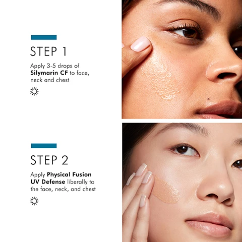 Image 1, step 1 = apply 3-5 drops of silymarin CF to face, neck and chest in the morning. Step 2 = apply physical fusion UV defense liberally to the face, neck and chest in the morning. image 2, evens skin tone and boosts radiance. image 3, clinically proven results. 100% mineral based physical UB filters. broad spectrum UVA/UVB protection that nurtures skin. enhances radiance, provides sheer coverage more even skin tone. image 4, provides environmental protection for oily, blemish prone skin. image 5, clinically proven results. 27% reduction in blemishes. 38% improvement in skin texture. 25% improvement in skin clarity. protocol = a 12 week, single center clinical stufy on 56 women and men aged 18-50 with oily, blemish prone skin, brazil 2021. an 8 week single center clinical study on 55 women aged 25-50 with mild to moderate signs of photodamage, USA 2021.