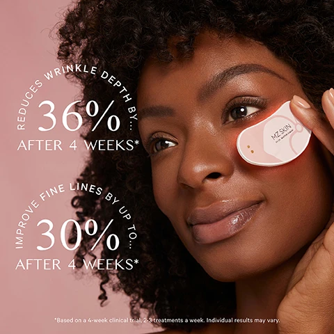 Image 1 - A woman is using a pink light therapy device under her eye, with text overlayed that says REDUCES WRINKLE DEPTH BY 36% AFTER 4 WEEKS*, IMPROVE FINE LINES BY UP TO 30% AFTER 4 WEEKS*, MZ SKIN BY DR. MARYAM ZAMANI on the device, and *Based on a 4-week clinical trial, 2-3 treatments a week. Individual results may vary. Image 2 - Two pink beauty devices are shown above text reading RED 630nm LIGHT AND NEAR INFRARED 830nm LIGHT Helps provide anti-inflammatory benefits stimulate collagen production & strengthen the skin barrier MZ SKIN BY DR MARYAM ZAMANI. Image 3 - Close-up of a womans eye and cheek area with overlay text 96% of participants reported reduced fine lines* *12-week clinical study on 20 participants, 3 treatments per week. Image 4 - A pink full-face LED mask is shown next to two smaller pink eye mask devices on a pink background with the text MZ SKIN LED+ RANGE LED 2.0 LightMAX LightMAX MiniPro Eyeconic LED and MZ SKIN BY DR. MARYAM ZAMANI. Image 5 - Two pink and white skincare devices with gold accents sit on a gold tray next to text that reads MZ SKIN BY DR. MARYAM ZAMANI MZ SKIN BY DR. MARYAM ZAMANI CLINICALLY PROVEN... to improve the appearance of wrinkles *Independent clinical study over 12 weeks.