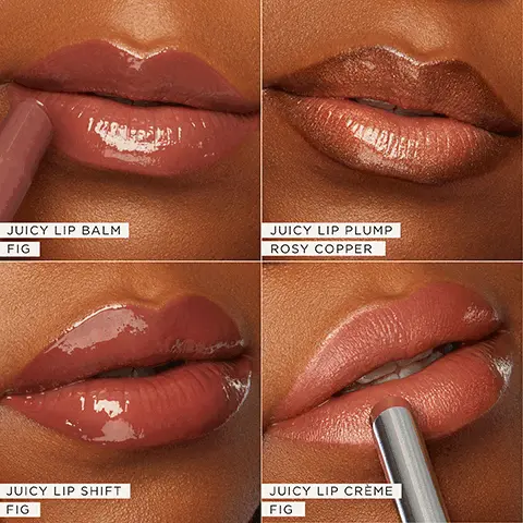 Image 1-3, juicy lip balm fig juicy lip plump rosy copper juicy lip shift fig and jucy lip creme fig. Image 4, fig rosey copper. Image 5,MARACUJA JUICY LIP PLUMP MARACUJA JUICY LIP BALM sheer to medium coverage mirror-shine finish MARACUJA JUICY LIP PLUMP sheer to medium coverage stained-glass finish MARACUJA JUICY LIP CRÈME medium coverage satin gloss finish MARACUJA JUICY LIP PLUMP SHIMMER GLASS sheer to medium coverage shimmer glass finish. image 6, MIRACLE OF MARACUJATM ESSENTIAL FATTY ACIDS FOR HYDRATED, PLUMPER, & YOUNGER-LOOKING SKIN VITAMIN C PROMOTES COLLAGEN PRODUCTION FOR FIRMER, BRIGHTER, SMOOTHER-LOOKING SKIN ANTIOXIDANTS HELP BATTLE EFFECTS OF SUN DAMAGE & POLLUTION
