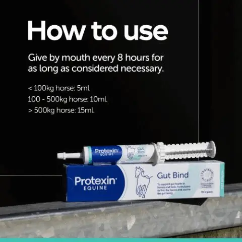 Image 2 - A Protexin Equine Gut Bind syringe and box are shown next to instructions reading How to use Give by mouth every 8 hours for as long as considered necessary < 100kg horse: 5ml 100 - 500kg horse: 10ml > 500kg horse: 15ml; the product is labelled Protexin EQUINE Gut Bind 30ml paste to support gut health in horses and foals formulated to firm the faeces and soothe the gut lining containing PROTEXIN BIOTICS GOOD GUT HEALTH PREBIOTICS PROBIOTICS GUT HEALTH. Image 3 - An image shows a box of Protexin EQUINE Gut Bind 30ml paste with text Made With, highlighting ingredients with text Kaolin A natural binding agent which helps to firm up droppings and Pectin Soothes the gut lining, the box itself has text Protexin EQUINE Gut Bind To support gut health in horses and foals. Formulated to firm the faeces and soothe the gut lining. Protexin BIOTICS GOOD GUT HEALTH PROBIOTICS PREBIOTICS 30ml paste, and GUT HEALTH on the side. Image 4 - Image shows a box and syringe of Protexin Equine Gut Bind probiotic paste with text Meet Gut Bind, Supports the horse and foals gut, A highly concentrated probiotic paste, Protexin EQUINE, GUT HEALTH, Gut Bind To support gut health in horses and foals. Formulated to firm the faeces and the gut lir...., Protexin PROBIOTICS, Gut Bind 30ml paste. Image 5 - Image shows the new packaging and syringe for Protexin Equine Gut Bind above the old packaging and syringe, with the text New Old New look Same trusted Protexin Equine Products. Image 6 - A syringe labelled Protexin Equine Gut Bind 30ml paste and GUT HEALTH lies on hay, with a purple overlay showing mint leaves and the text Peppermint flavoured paste. Image 7 - Protexin Equine Gut Bind product packaging and syringe with paste, displayed with a customer review featuring five stars and the text Great whenever you need a bit more protection. Verified purchase customer Reviewed on Amazon UK, showing product text Protexin EQUINE Gut Bind and GUT HEALTH Protexin EQUINE Gut Bind 30ml paste.