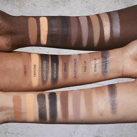 Image 1, swatches of - liberty, heroine, avant garde, renegade, brave, beauty chaos, rise up, stand up and strong af on three different skin tones. image 2, swatches of - nirvana, haphazard, fearless, hope, luv anarchy, maverick, rebelle, freedom and grunge on three different skin tones. Image 3, redefine the smokey eye. Image 4, GET THE GRUNGE LOOK GRUNGE SWIPE GLOSS ON LID RENEGADE SET & BLEND BRAVE BLEND OUTER EDGE REBELLE HIGHLIGHT INNER CORNER Image 5,GET THE PRETTY LOOK LIBERTY BLEND WITH BRUSH HOPE DEFINE OUTER CORNER STAND UP APPLY SHIMMER TO LID RENEGADE LINE YOUR LOOK Image 6,GET THE GLAM LOOK MAVERICK APPLY SHIMMER ALL OVER DEFINE CREASE BEAUTY CHAOS NIRVANA SMUDGE ALONG LASH LINE FINISHED LOOK