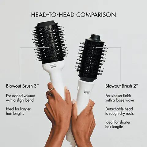 Image 1, FEATURES Detachable brush head- designed for rough drying + easy storage 3 heat/speed settings
              1200W of professional drying power 10 ft swivel cord. Image 2,HEAD-TO-HEAD COMPARISON Blowout Brush 3 For added volume with a slight bend Ideal for longer hair lengths FON BOOST Blowout Brush 2 For sleeker finish with a loose wave Detachable head to rough dry roots Ideal for shorter hair lengths Image 3,PRO TIP Add tension to help reduce frizz 